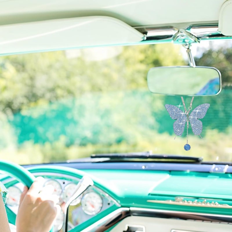 Couslcd Bling Butterfly Diamond Car Accessories, Crystal Car Rear View Mirror Charms for Women, Car Decoration Lucky Hanging Interior Crystal Ornament Pendant Decor for All Cars (Light Blue) - Image 4